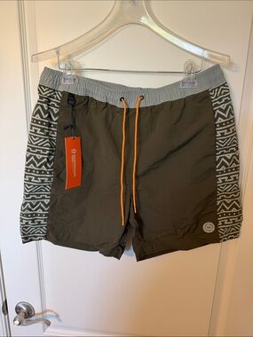 Bearded Goat Olive Green Hybrid Shorts with Gray Waistband and Orange Drawstring